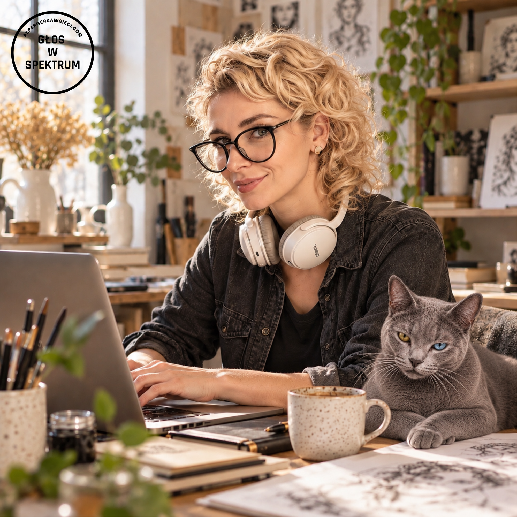 Kobieta o kręconych blond włosach i w czarnych okularach pracuje przy laptopie w towarzystwie szarej kotki o różnokolorowych oczach. Ilustracja kreatywności i pracy twórczej w kontekście ADHD.