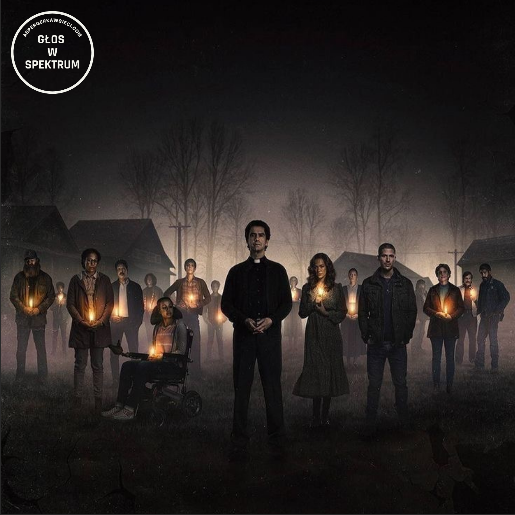 Plakat serialu Midnight Mass (Nocna msza) Mike’a Flanagana z 2021 roku, przedstawiający mieszkańców Crockett Island trzymających świece w mrocznej scenerii.